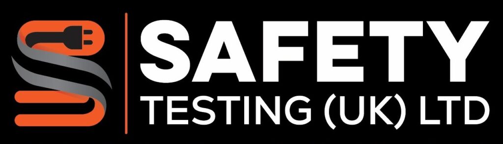 Safety Testing UK Ltd logo features an orange plug icon on black background, representing professional pat testing and electronics testing services