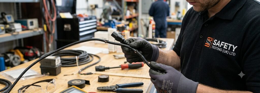 A technician in a black polo shirt performs pat testing and electronics testing on cables in a busy workshop