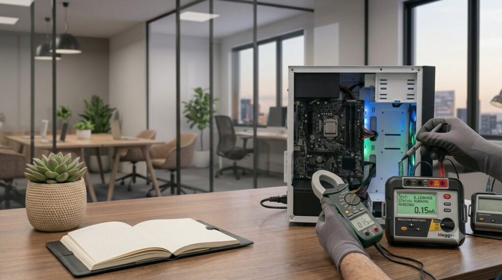 Technician performing electronics testing on a PC motherboard using multimeters and probes in a modern office workspace