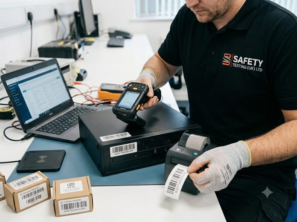 A technician in a black polo shirt uses a handheld device for pat testing and electronics testing while printing labels on a workstation.