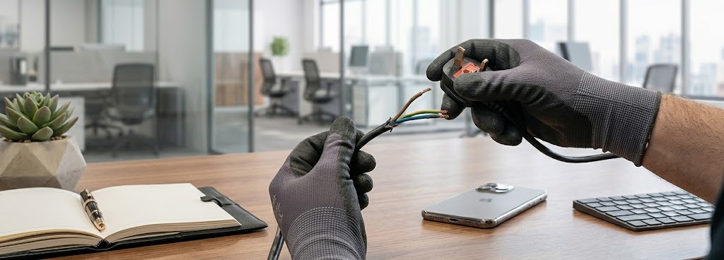 Gloved hands perform pat testing on electrical wires at a modern office desk with notebook and smartphone nearby
