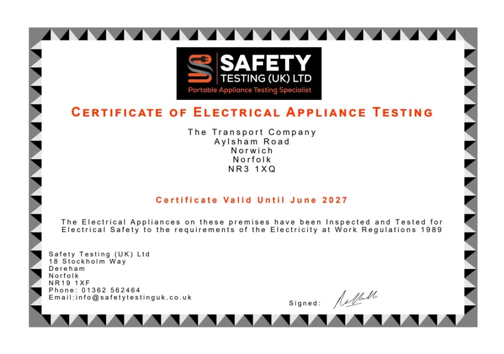 A safety testing certificate for electrical appliances, featuring black and white triangular borders, orange text, and a signature.